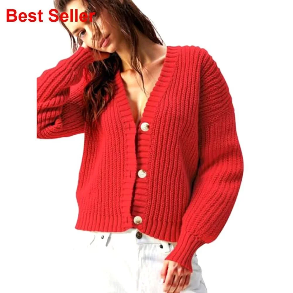 Oversized Chunky Knit Cardigan Waffle Texture Button Down V Neck Sweater